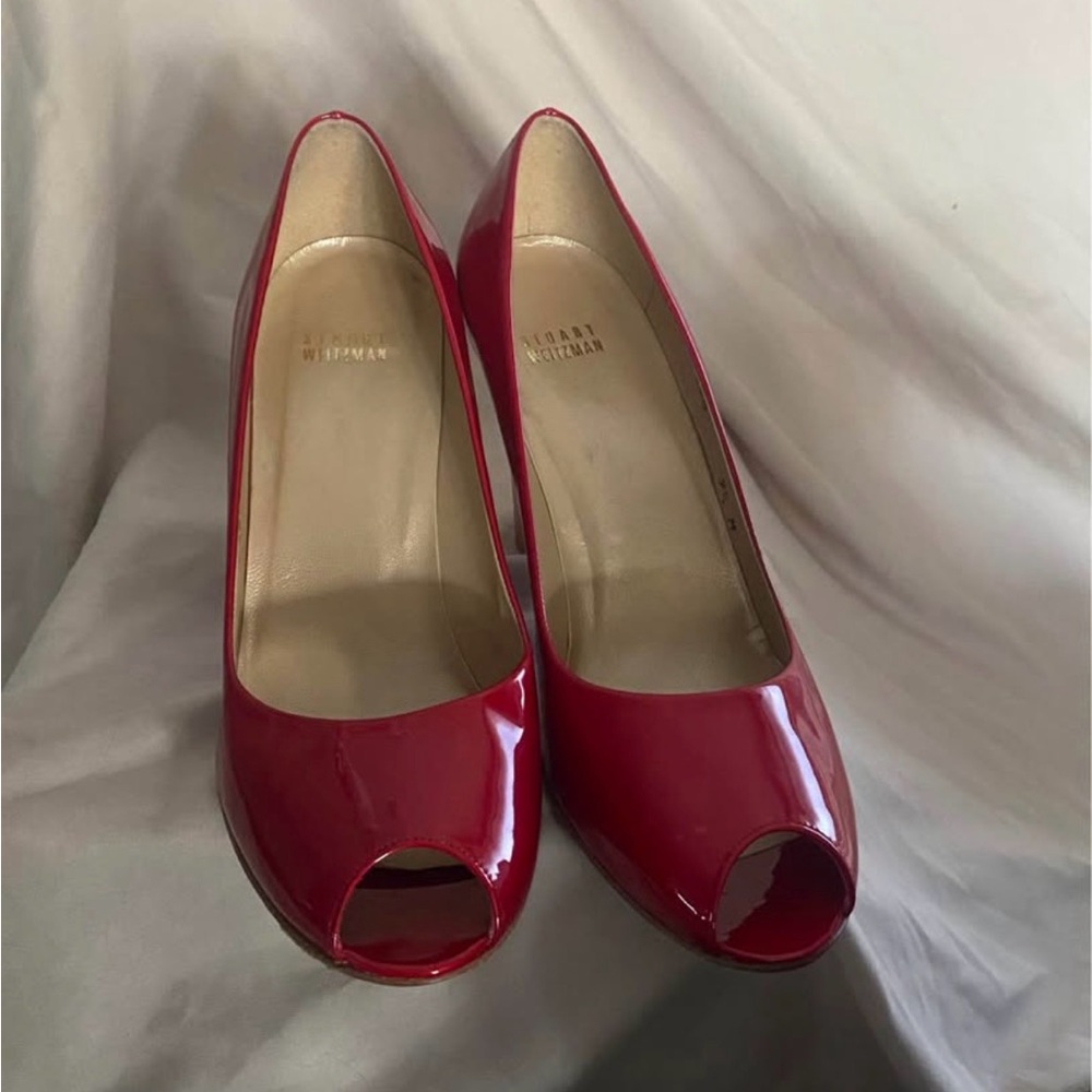 Stuart Weitzman Red Patent Leather Peep-Toe Stiletto Pumps Size 9.5